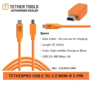 Tether Cables and Acc Tether Tools USB C to USB 2.0 Mini B 5 Pin Orange (4.6m) CUC2415-ORG
